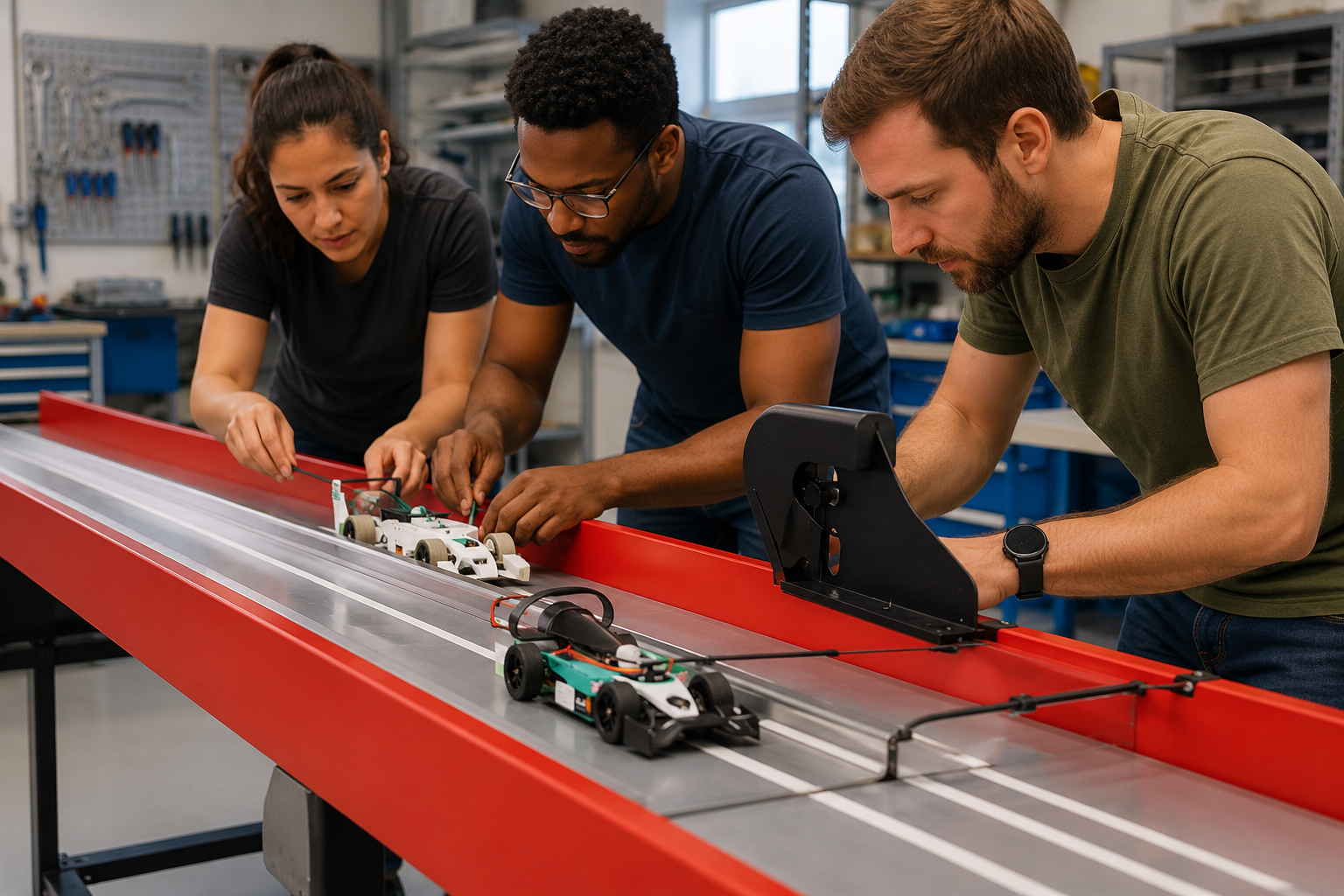 A team building and testing scale racing cars