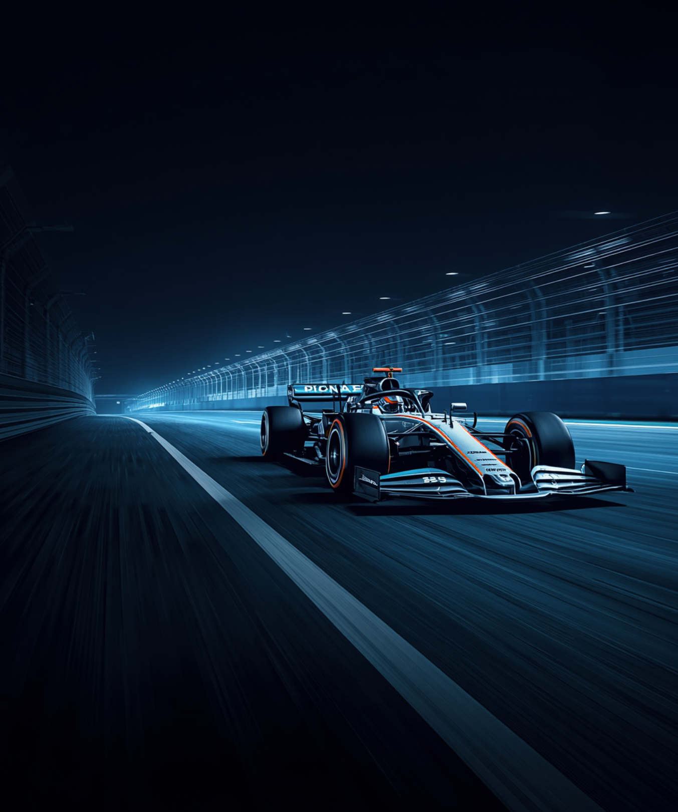 Formula car on a floodlit night circuit